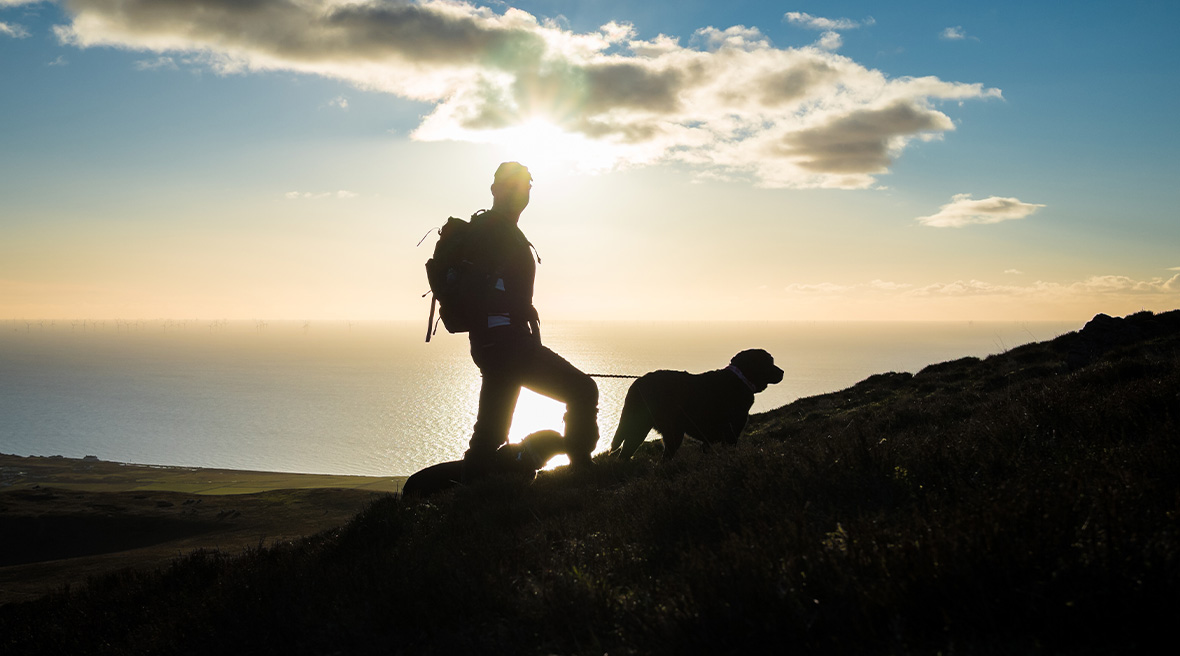Silhouette d’un home promenant deux chiens sur une colline qui domine la mer au soleil couchant